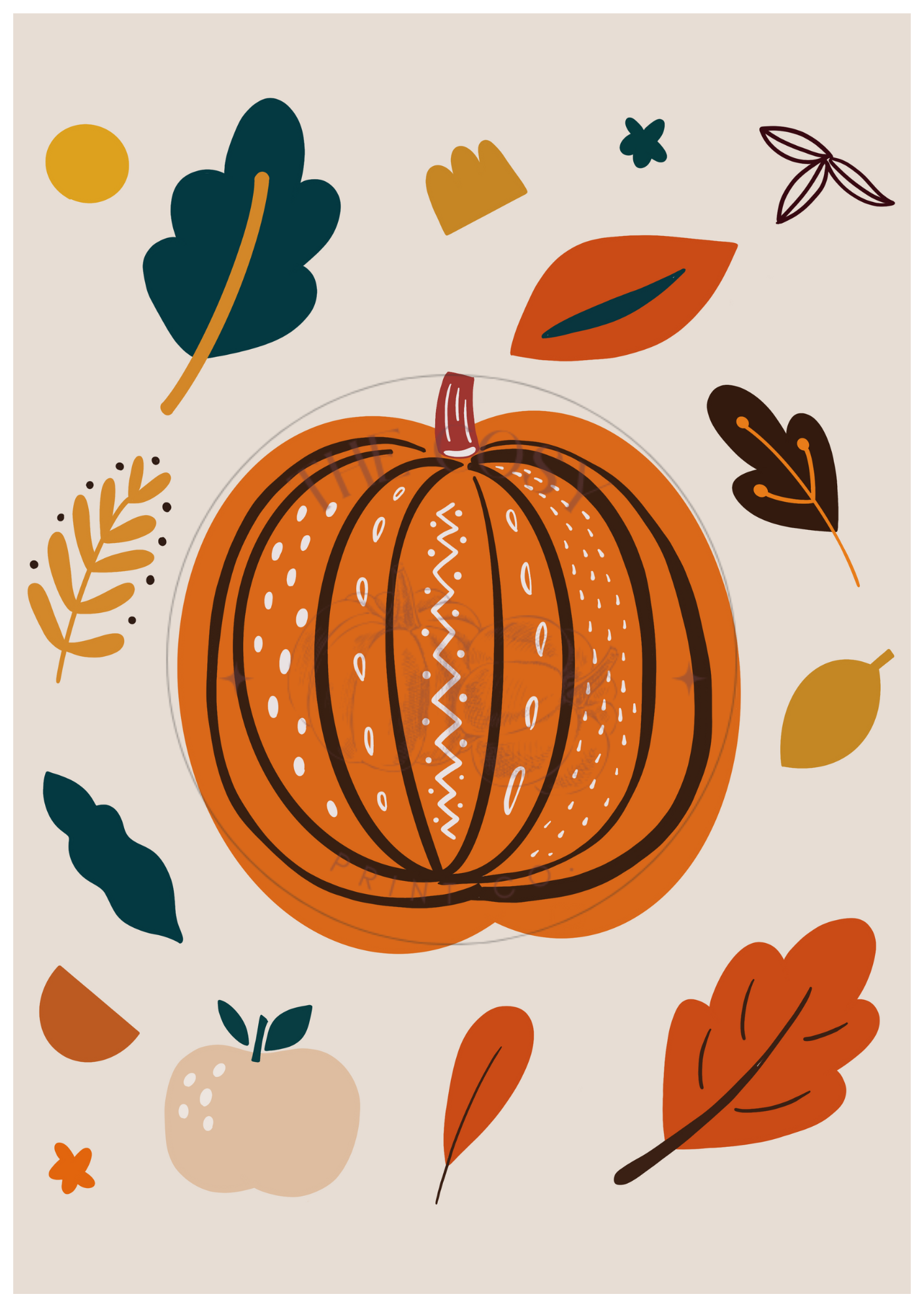 Bold pumpkin and leaves autumn wall art print – vibrant seasonal home décor artwork