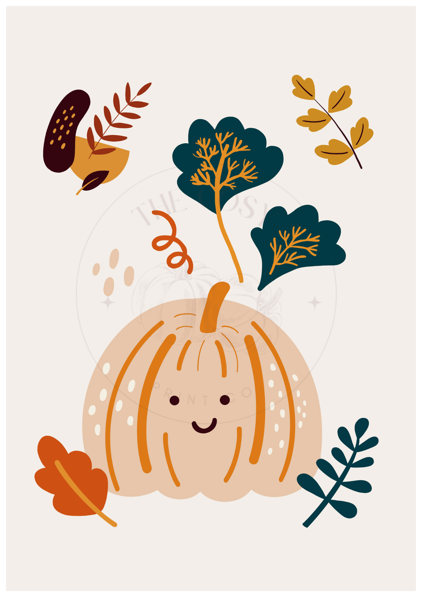 Cute pumpkin and leaves fun autumn wall art print – playful seasonal home décor artwork