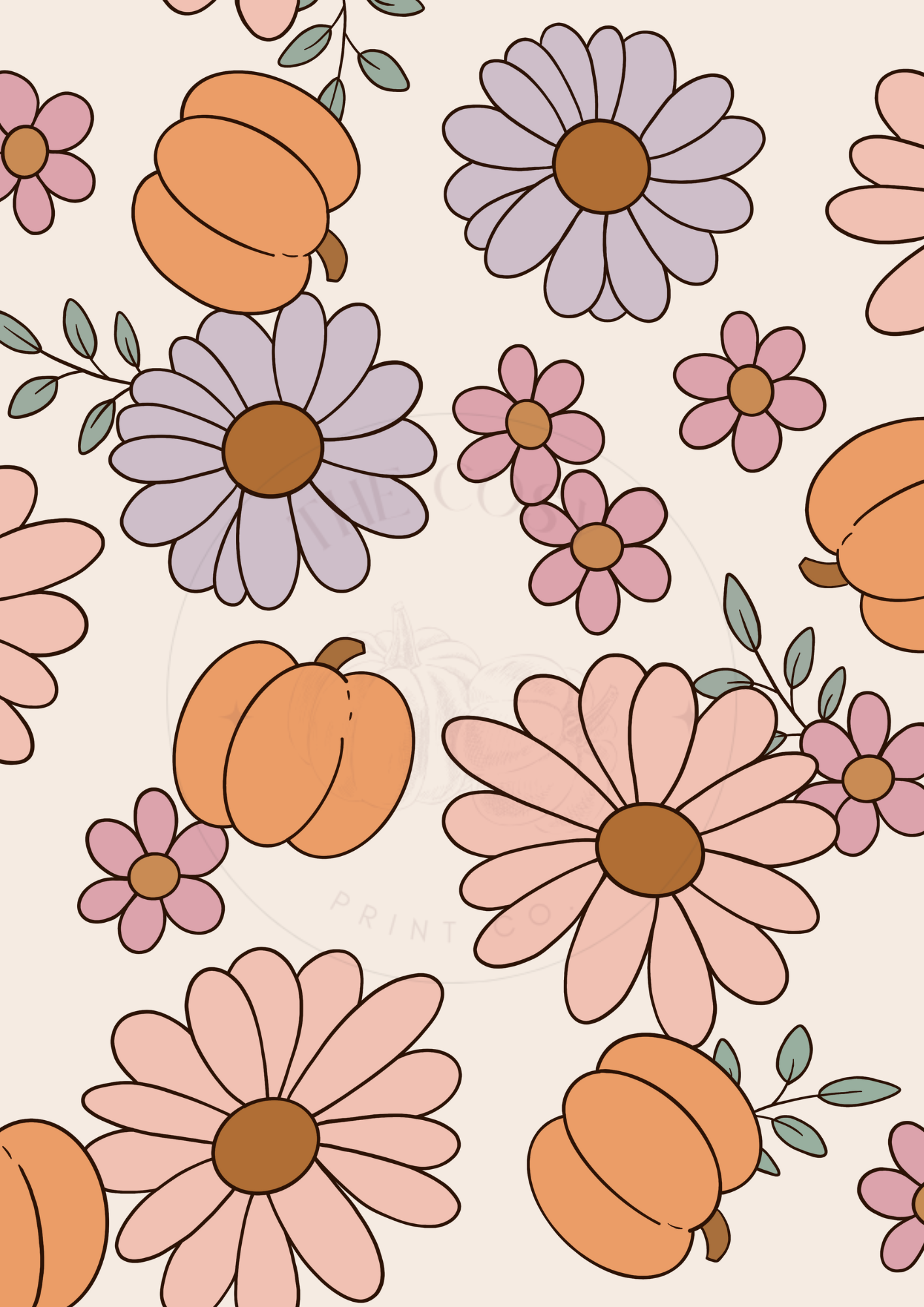 Funky pumpkin and flowers autumn wall art print in warm pinks and creams – playful seasonal home décor