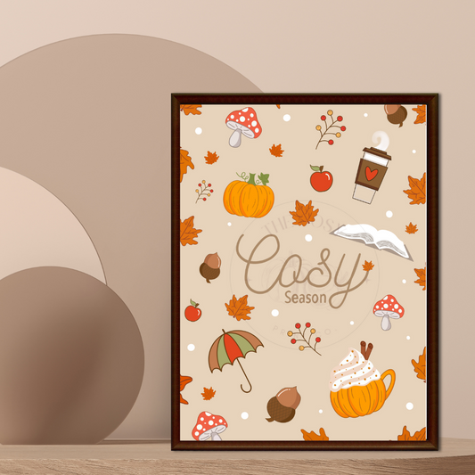 Hand-drawn “Cosy Season” wall art on dark cream background featuring pumpkins, coffee, acorns, leaves, and books on 200gsm high-quality card with ColourLok™. Perfect for hallway or console table.
