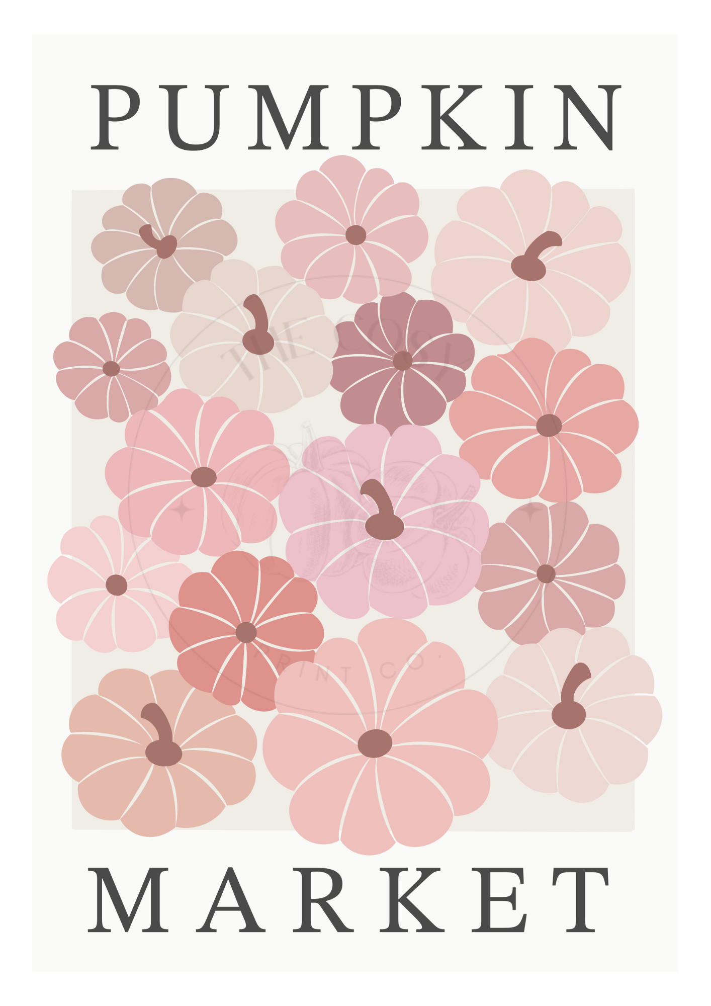 Hand-drawn “Pumpkin Market” print with clean black text, bordered design, and soft pumpkins in warm pink, taupe, and purple. Printed on 200gsm high-quality card with ColourLok™ finish. Perfect for hallway, console table, or living room décor.