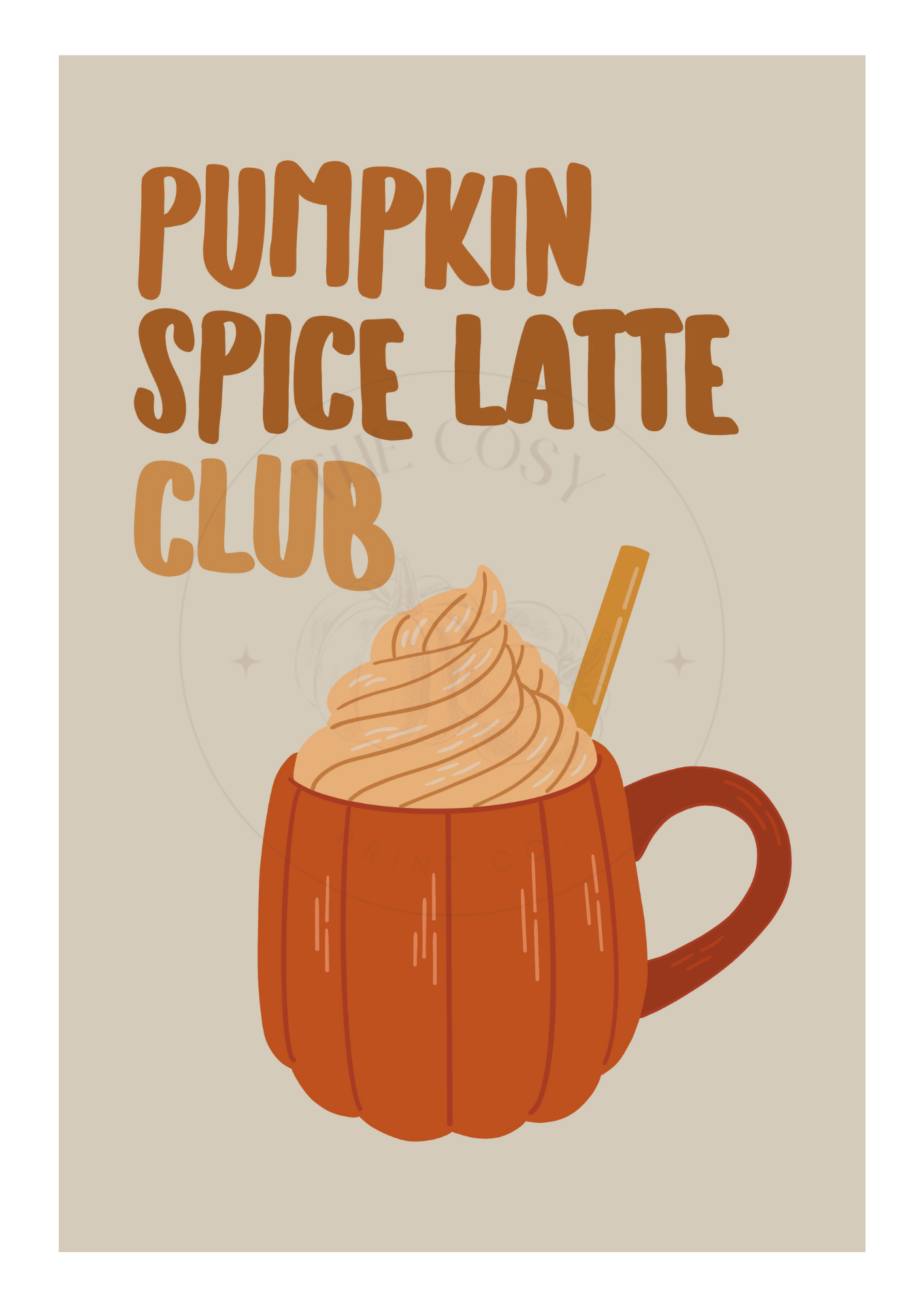 Hand-drawn “Pumpkin Spice Latte Club” wall art in warm orange and cream tones on 200gsm high-quality card with ColourLok™. Ideal for hallway, console table, or kitchen décor.