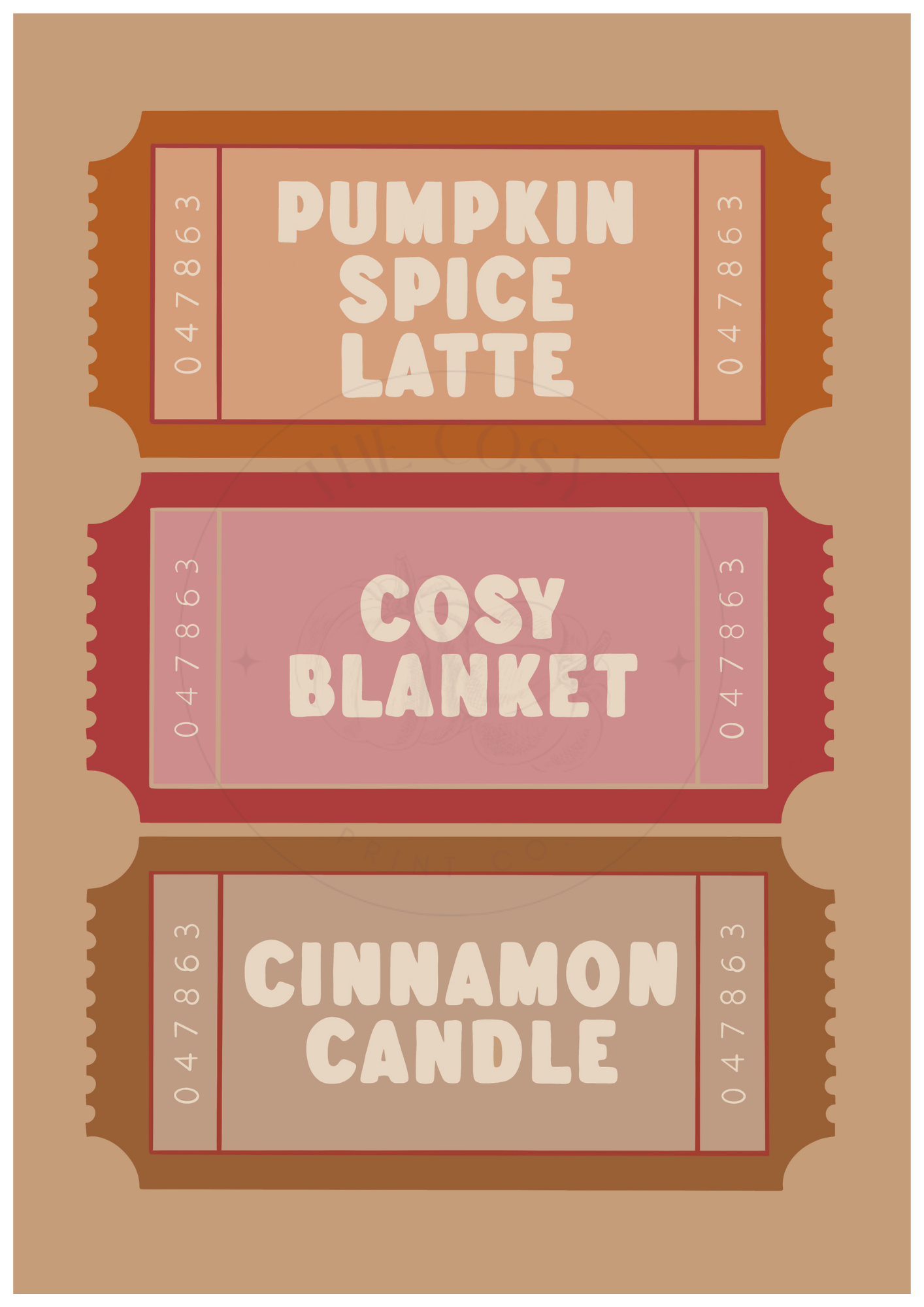 Hand-drawn autumn ticket print on 200gsm high-quality card with ColourLok™ finish. Design features Pumpkin Spice Latte, Cosy Blanket, or Cinnamon Candle in warm autumn colours. Perfect for hallway, console table, or kitchen décor.Hand-drawn autumn ticket print on 200gsm high-quality card with ColourLok™ finish. Design features Pumpkin Spice Latte, Cosy Blanket, or Cinnamon Candle in warm autumn colours. Perfect for hallway, console table, or kitchen décor.