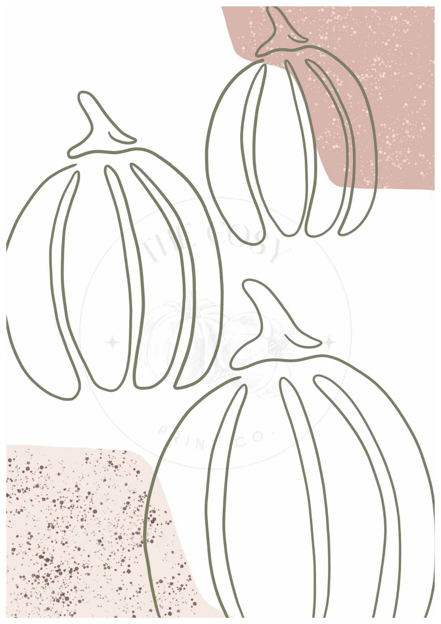 Three pumpkins autumn wall art print with soft spotted patterns and line drawn pumpkins in neutral tones – cosy seasonal home décor