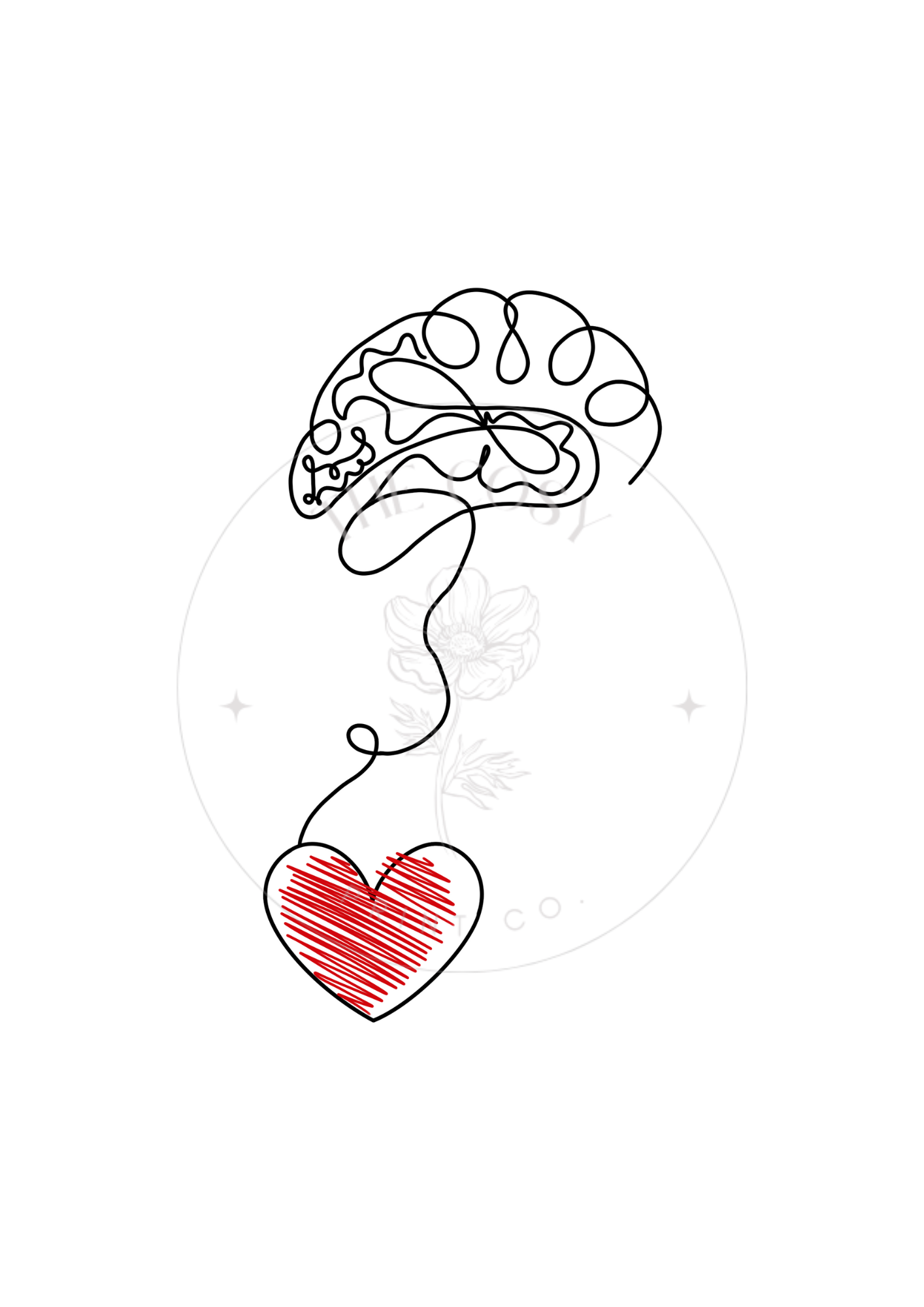 A black and white minimalist print with a single-line drawing of a brain and a heart, symbolising the connection between head and heart.