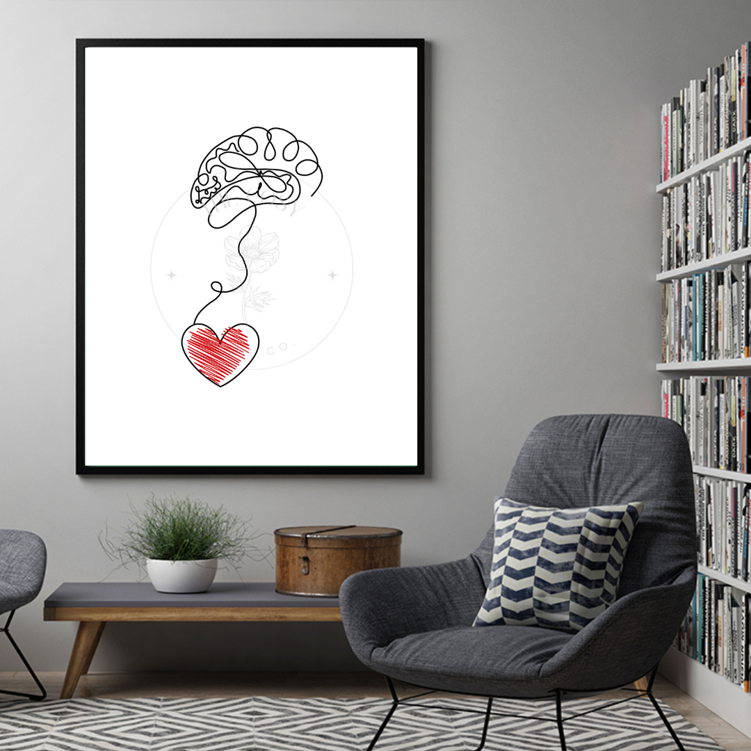 A black and white minimalist print with a single-line drawing of a brain and a heart, symbolising the connection between head and heart.