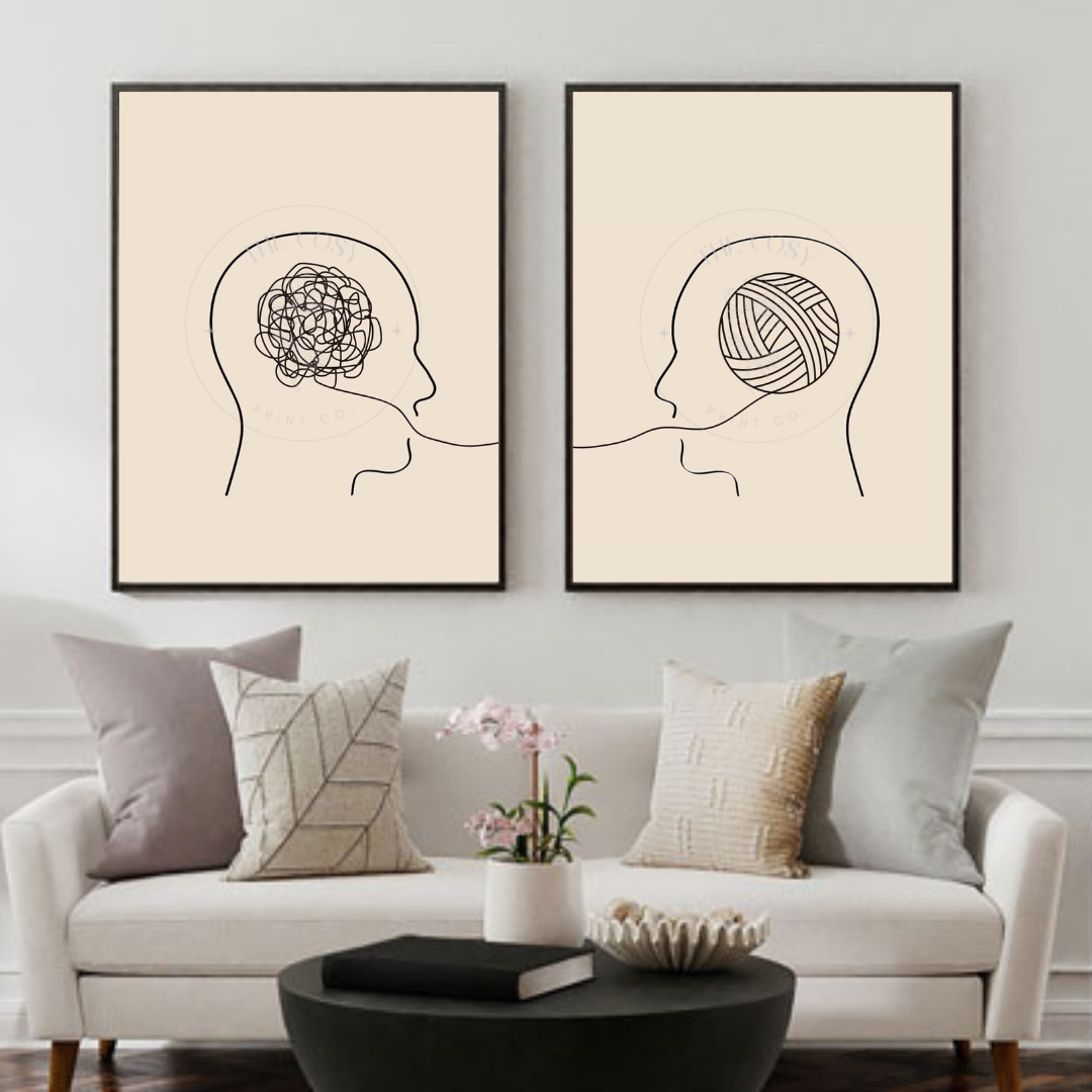 A duo print featuring two minimalist head silhouettes – one with a scribbled brain representing overwhelm, and one with smooth lines symbolising calm and clarity.