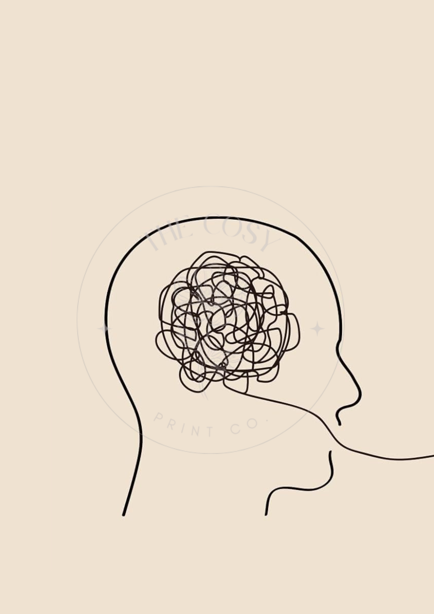 A duo print featuring two minimalist head silhouettes – one with a scribbled brain representing overwhelm, and one with smooth lines symbolising calm and clarity.