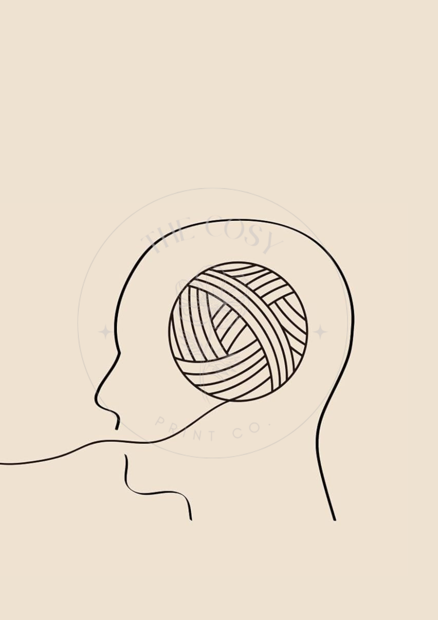 A duo print featuring two minimalist head silhouettes – one with a scribbled brain representing overwhelm, and one with smooth lines symbolising calm and clarity.