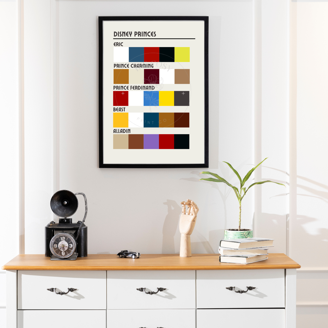 A modern colour swatch print inspired by the signature shades of Disney Princes, displayed in a neat, minimalist grid.