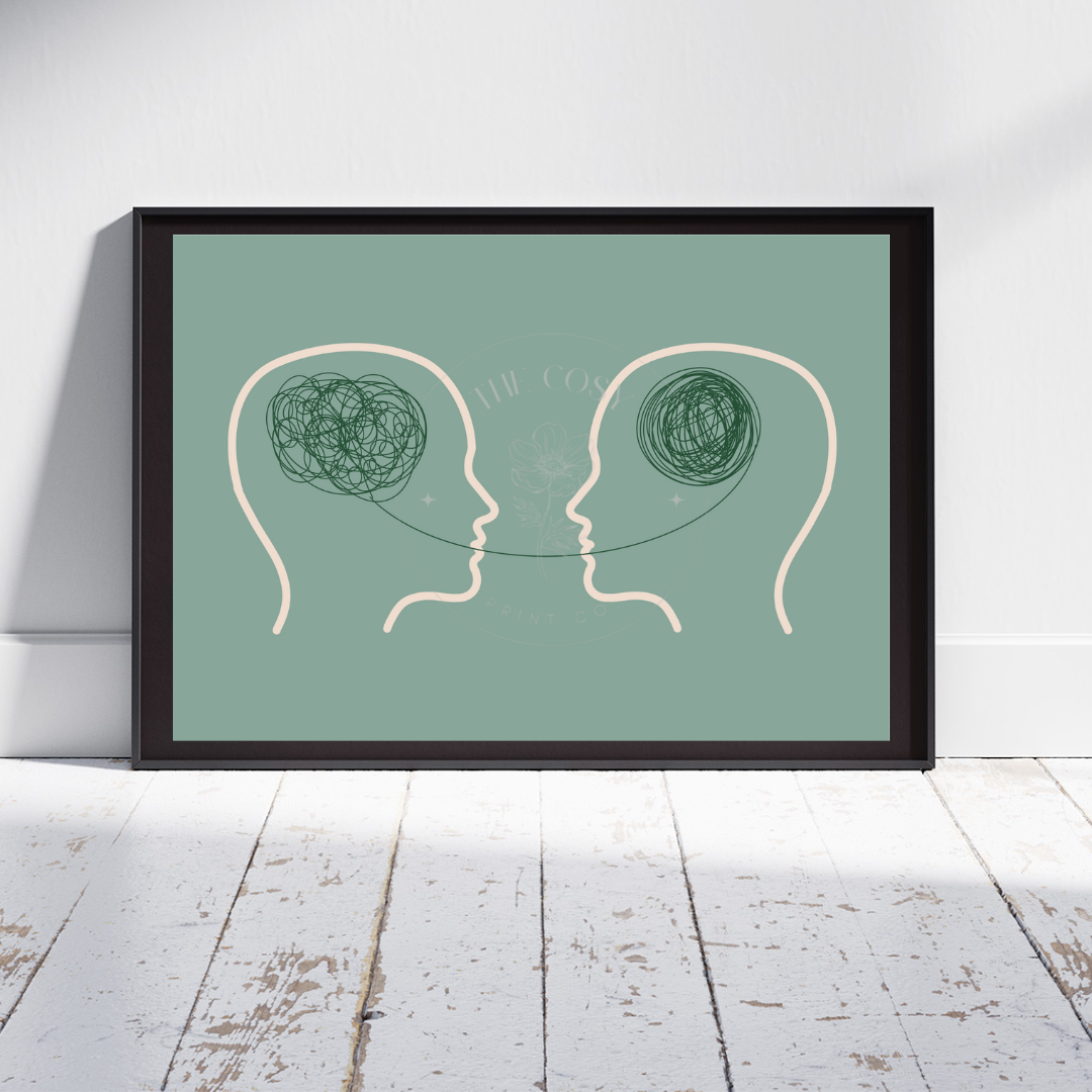 A single print of a head silhouette in soft blues and greens, with one half showing a tangled swirl and the other a calm, clear mind.