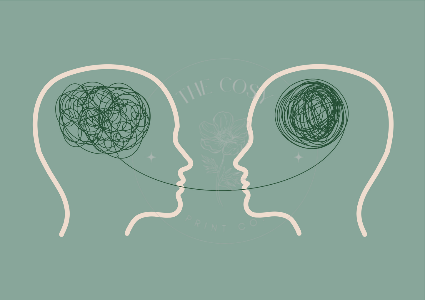 A single print of a head silhouette in soft blues and greens, with one half showing a tangled swirl and the other a calm, clear mind.