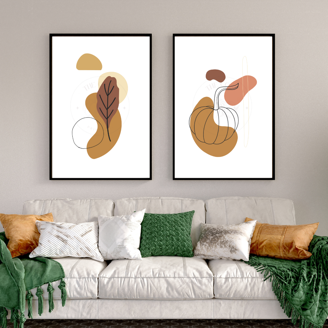 Abstract autumn wall art set featuring a leaf and pumpkin in warm orange and brown tones.