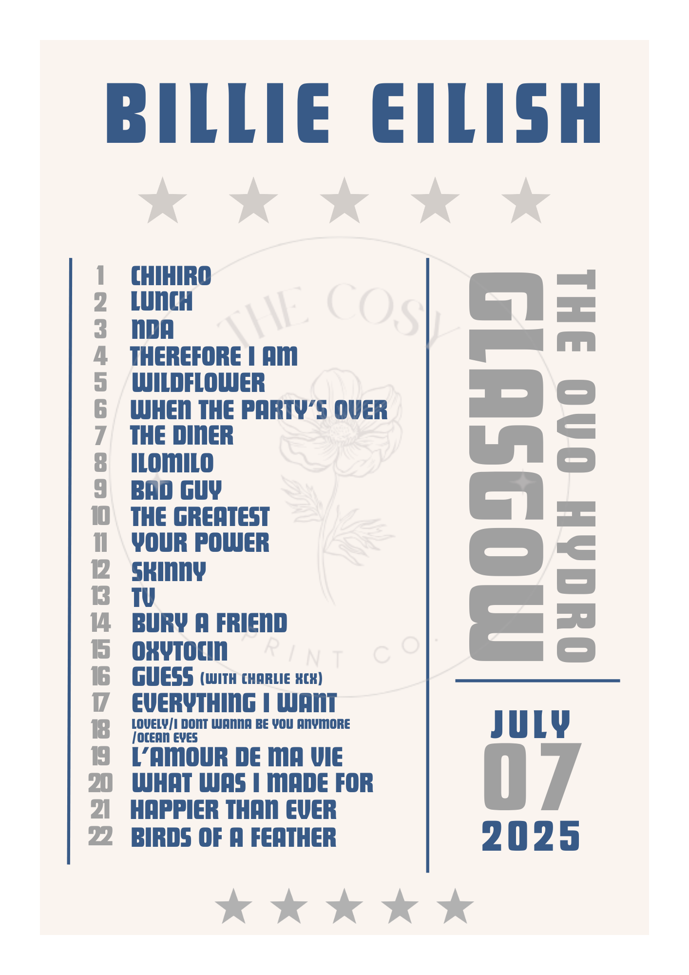 Aesthetic black and white print showing Billie Eilish’s expected 2025 UK tour setlist, with optional colour personalisation.