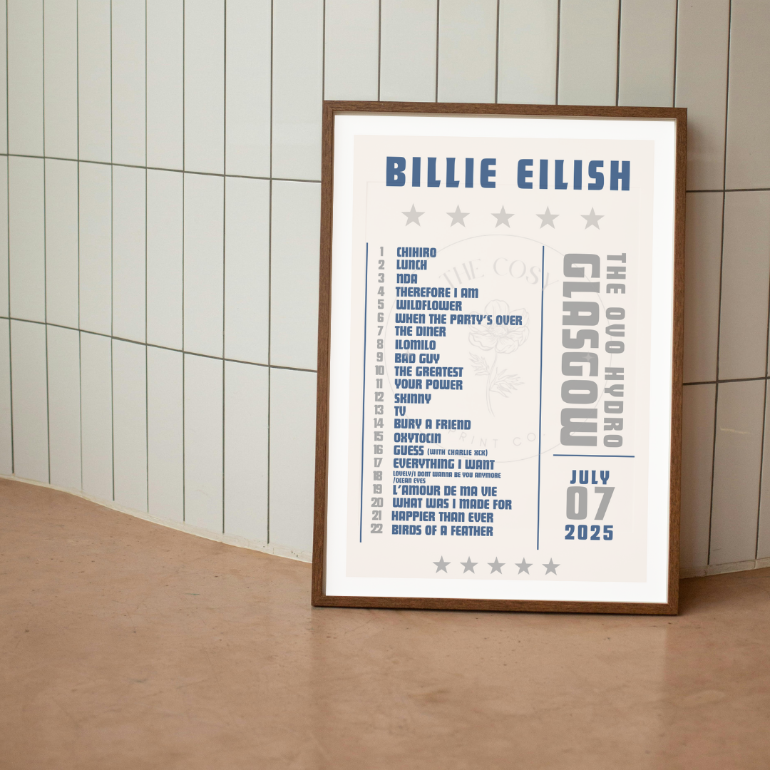 Aesthetic black and white print showing Billie Eilish’s expected 2025 UK tour setlist, with optional colour personalisation.