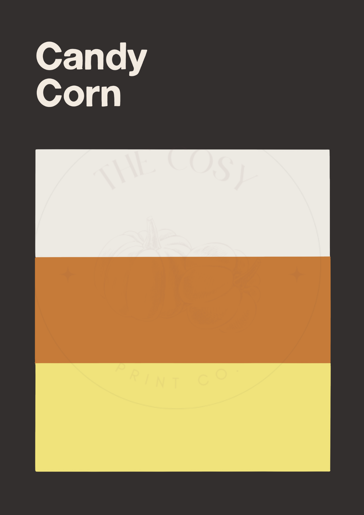 Minimalist Halloween wall art print featuring candy corn-inspired colour blocks in black, white, and orange – by The Cosy Print Company, printed on 200gsm Colour-Lock™ paper, available in A4 and A3 sizes.