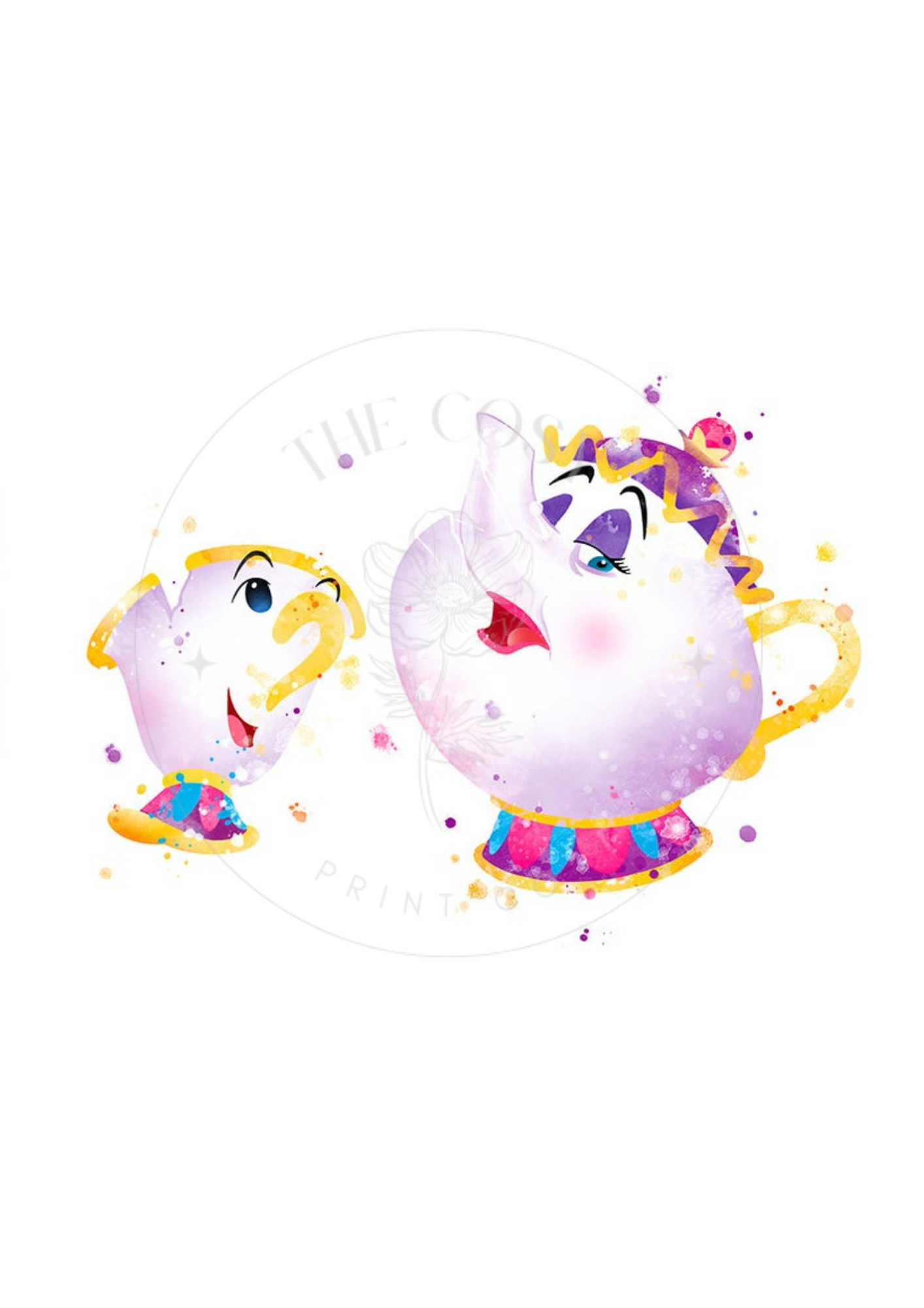 Beauty and the Beast-inspired watercolour illustration of Mrs. Potts and Chip disney