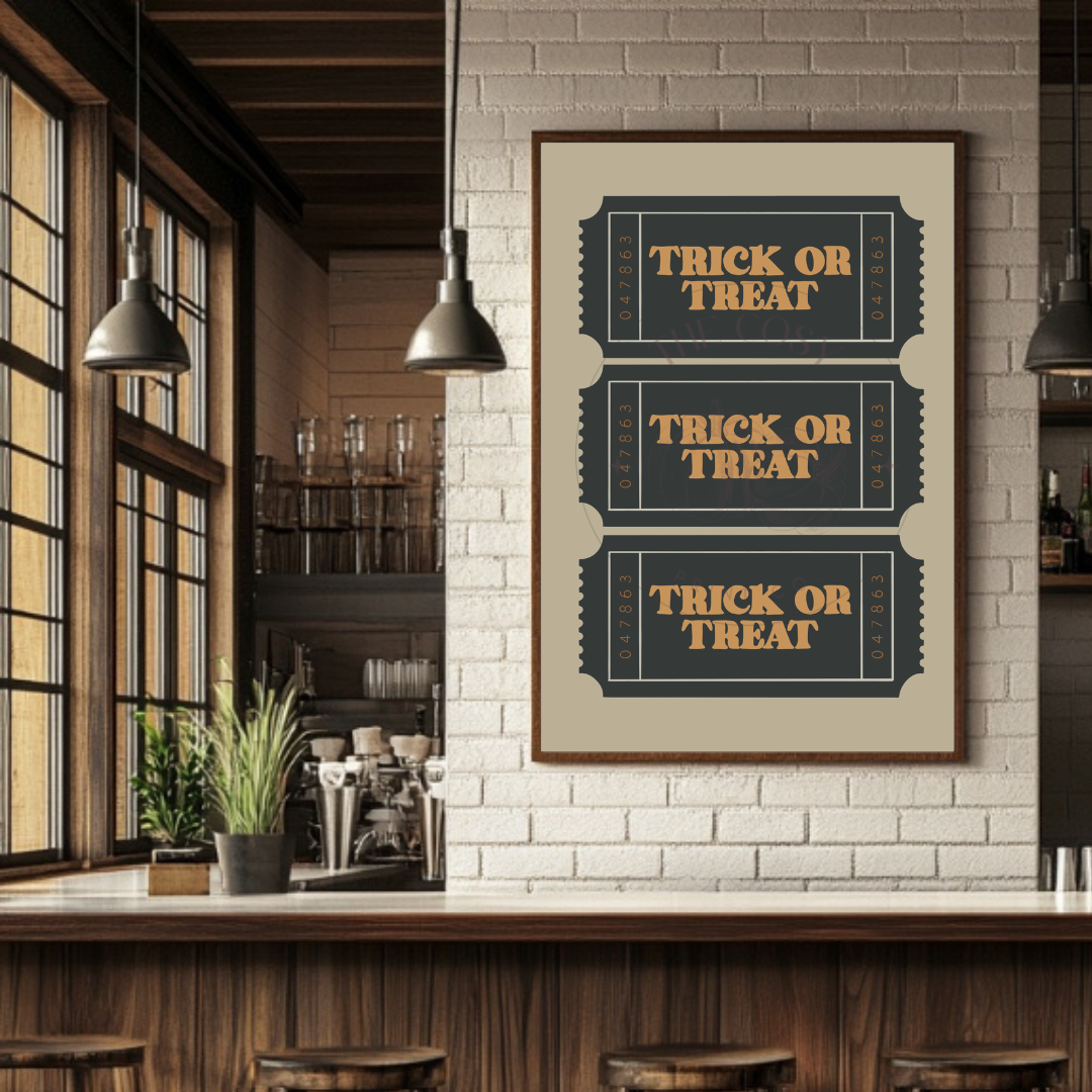 Black and cream wall art print featuring three retro tickets labelled “Haunted House” – Halloween decor by The Cosy Print Company, printed on 200gsm Colour-Lock™ paper, available in A4 and A3 sizes.
