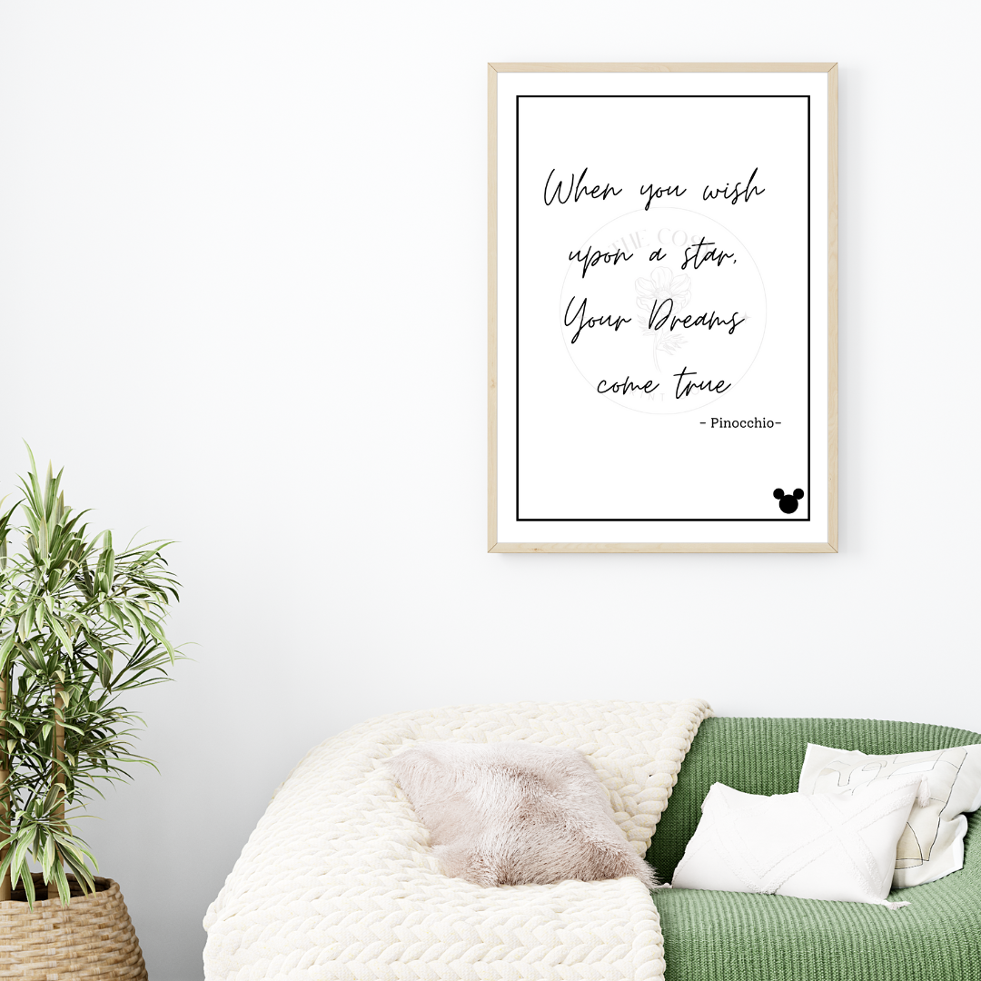 Black and white Disney quote print reading When You Wish Upon a Star