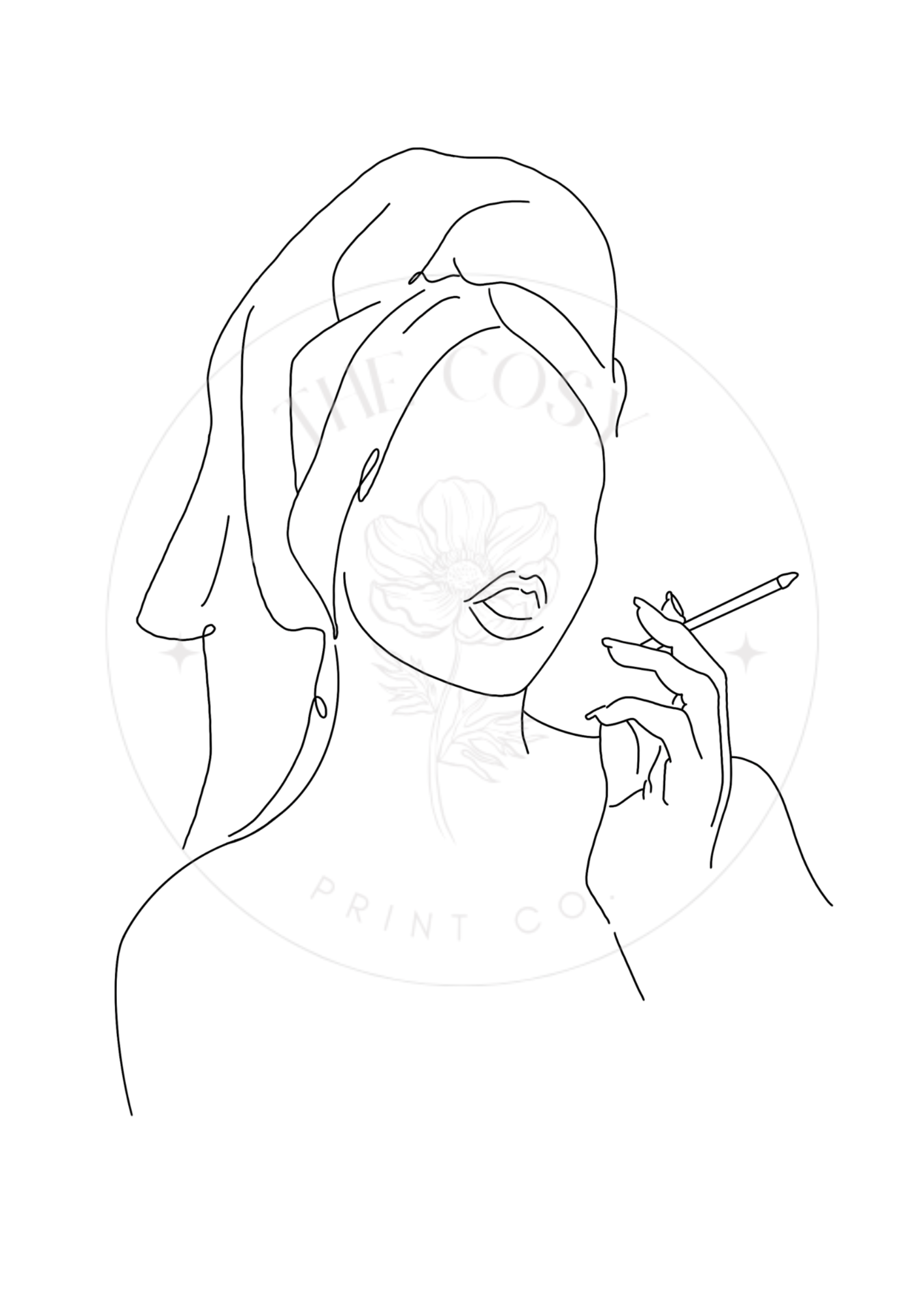Black and white minimalist line drawing of a woman in the bath, smoking – bold and elegant bathroom wall art.
