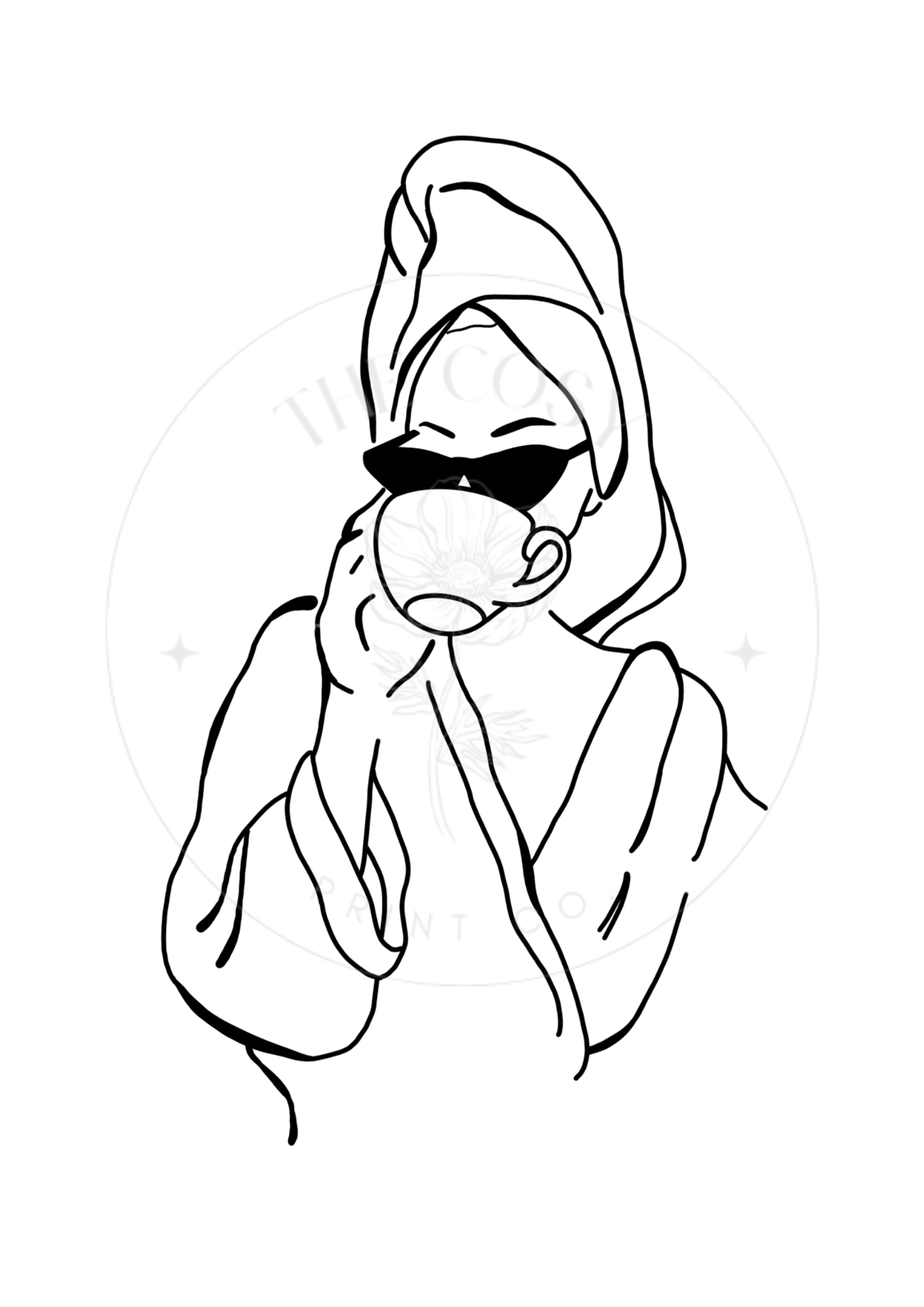 Black and white minimalist line drawing of a woman sipping tea with a towel on her head – calm and elegant wall art.