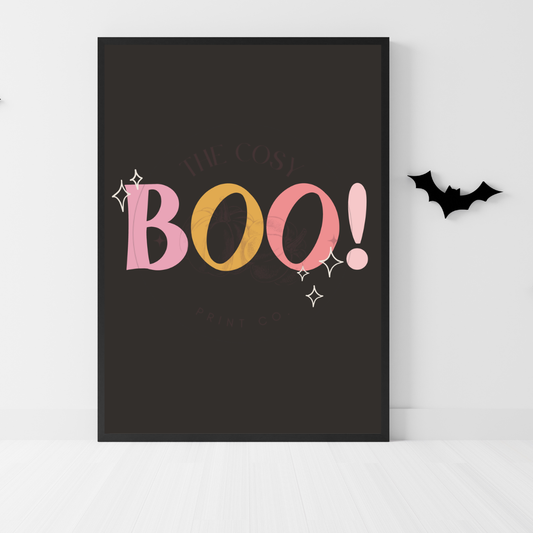 Black background Halloween wall art print featuring funky, colourful hand-drawn lettering reading “Boo!” – printed on 200gsm Colour-Lock™ paper, available in A4 and A3 sizes.