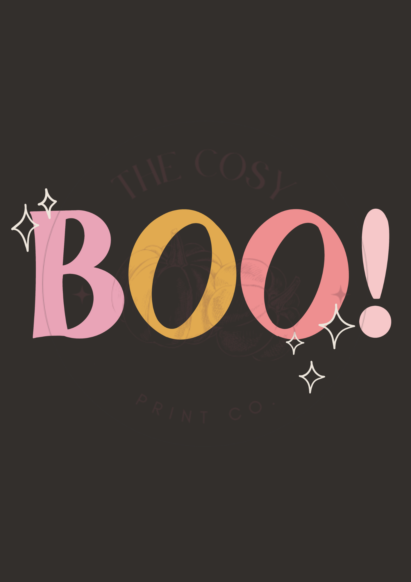 Black background Halloween wall art print featuring funky, colourful hand-drawn lettering reading “Boo!” – printed on 200gsm Colour-Lock™ paper, available in A4 and A3 sizes.