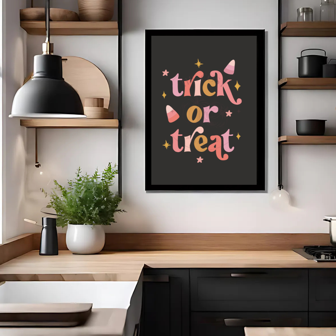 Black background Halloween wall art print featuring hand-drawn “Trick or Treat” lettering in candy corn colours – printed on 200gsm Colour-Lock™ paper, available in A4 and A3 sizes.
