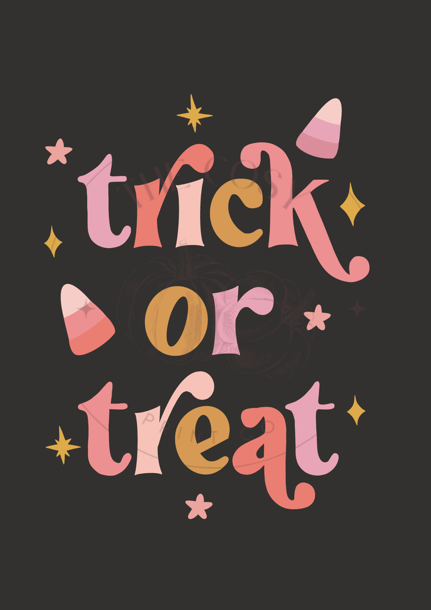 Black background Halloween wall art print featuring hand-drawn “Trick or Treat” lettering in candy corn colours – printed on 200gsm Colour-Lock™ paper, available in A4 and A3 sizes.