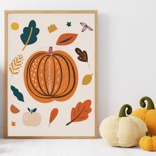 Bold pumpkin and leaves autumn wall art print – vibrant seasonal home décor artwork