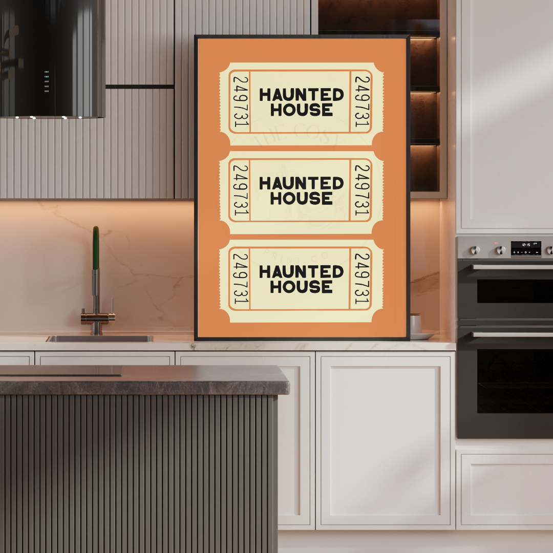 Burnt orange wall art print featuring three hand-drawn haunted house tickets – Halloween decor by The Cosy Print Company, printed on 200gsm Colour-Lock™ paper, available in A4 and A3 sizes.