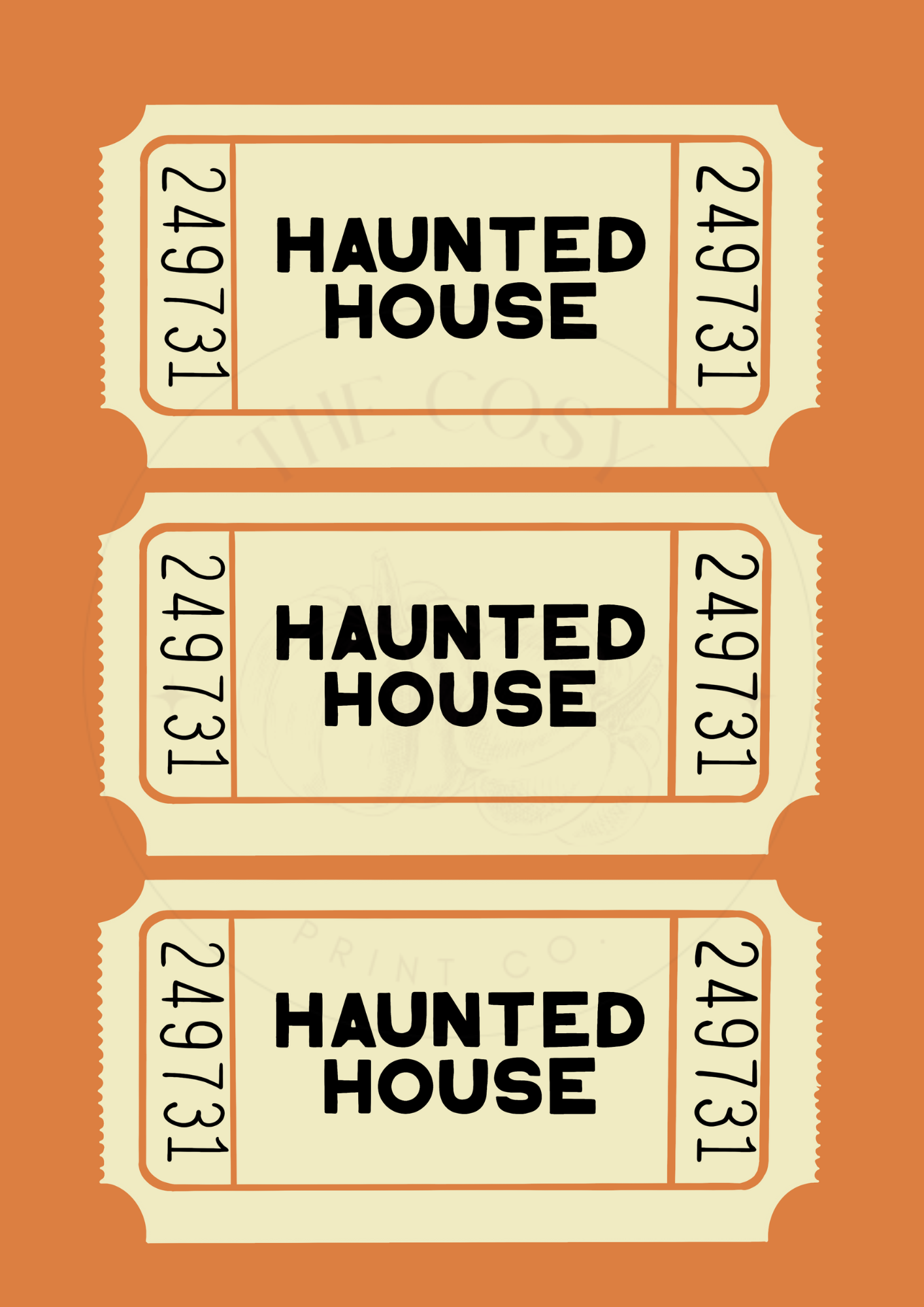 Burnt orange wall art print featuring three hand-drawn haunted house tickets – Halloween decor by The Cosy Print Company, printed on 200gsm Colour-Lock™ paper, available in A4 and A3 sizes.