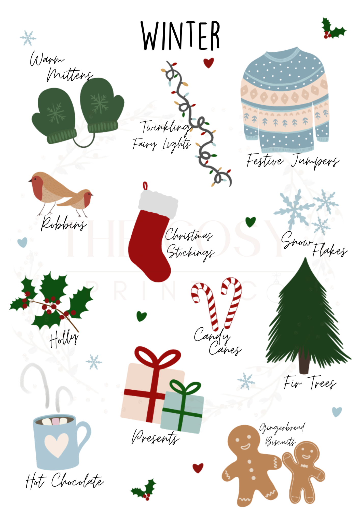 Christmas print featuring hand-drawn winter essentials including jumpers, scarves, stockings, and holly.