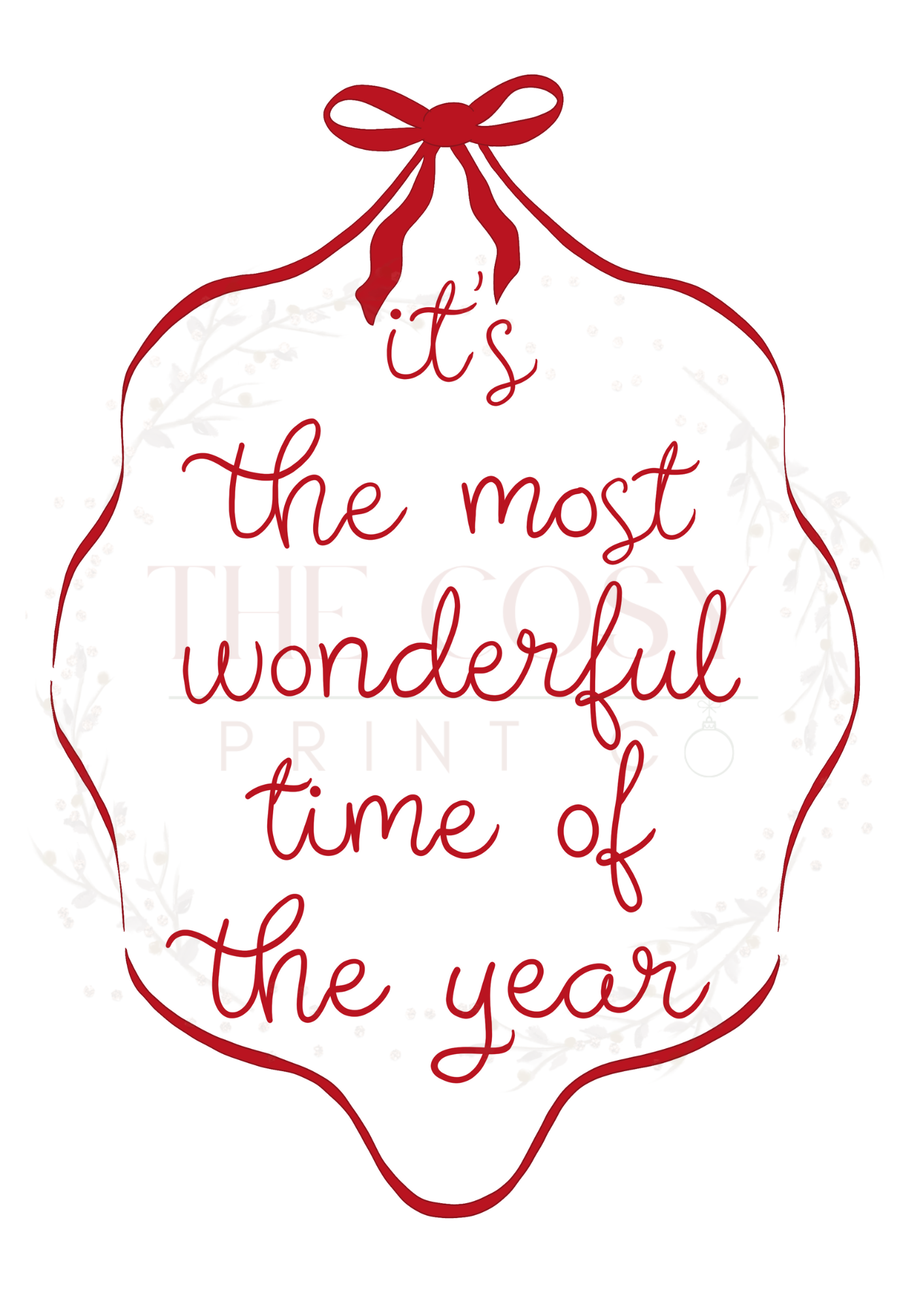 Christmas print with hand-drawn red and white bows and text reading “It’s the Most Wonderful Time of the Year.”