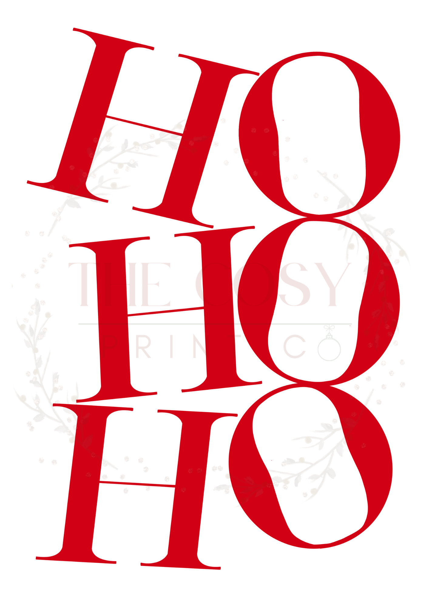 Christmas print with hand-lettered text reading “Ho Ho Ho” in red and white.