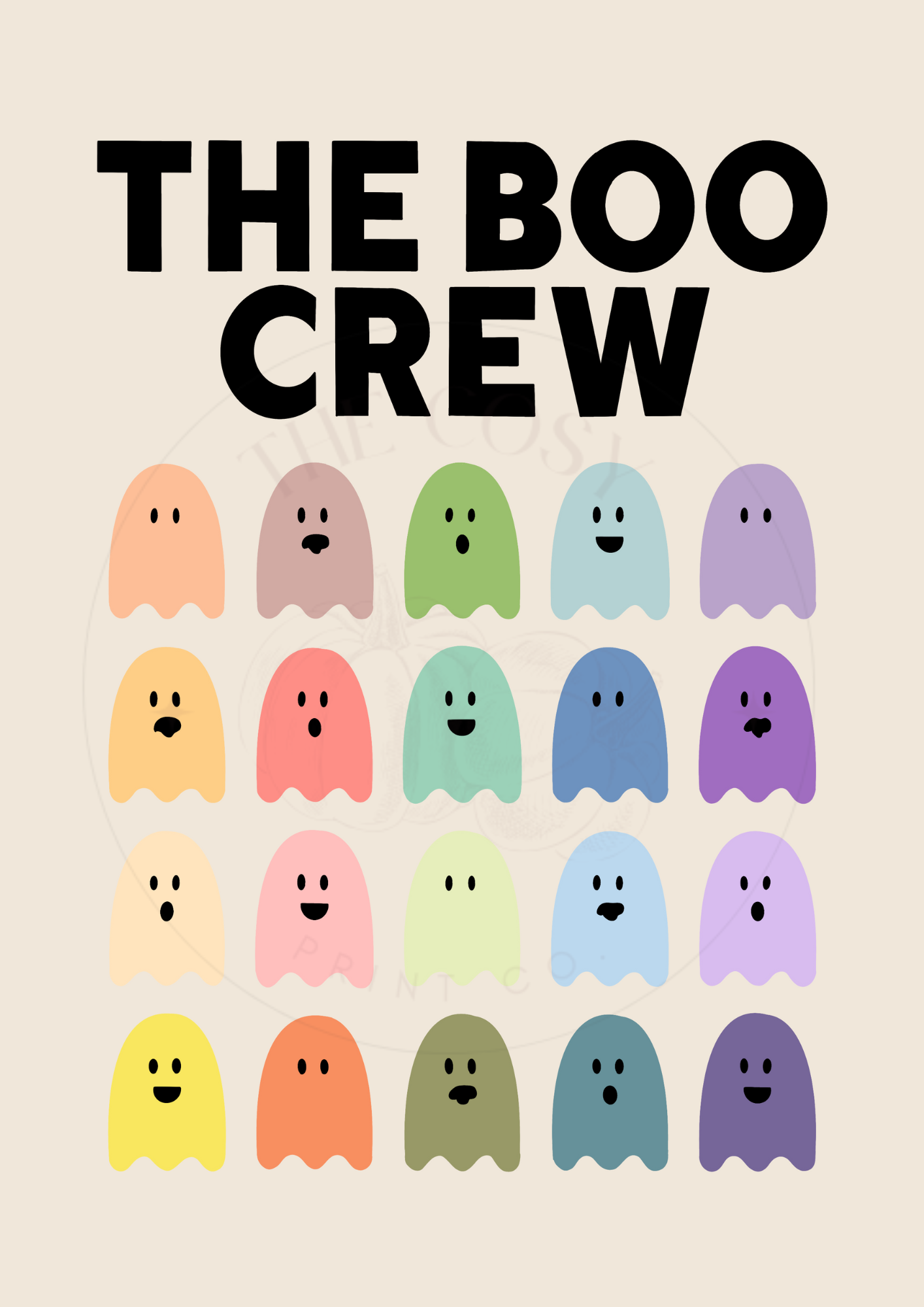 Colourful Halloween print featuring cute hand-drawn ghosts and the words “Boo Crew” in subtle pastel tones – by The Cosy Print Company, printed on 200gsm Colour-Lock™ paper, available in A4 and A3 sizes.
