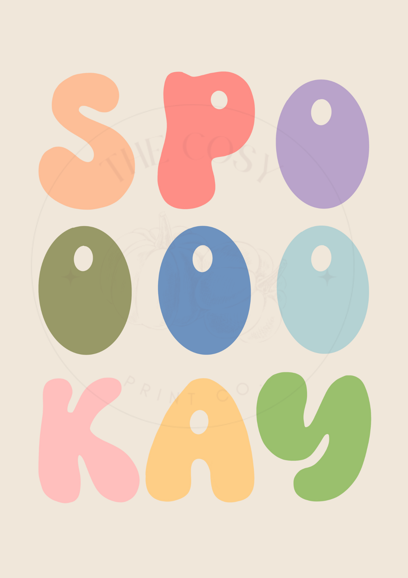 Colourful Halloween wall art print with bold text reading “Spooookay” in subtle pastel tones – designed by The Cosy Print Company, printed on 200gsm Colour-Lock™ paper, available in A4 and A3 sizes.