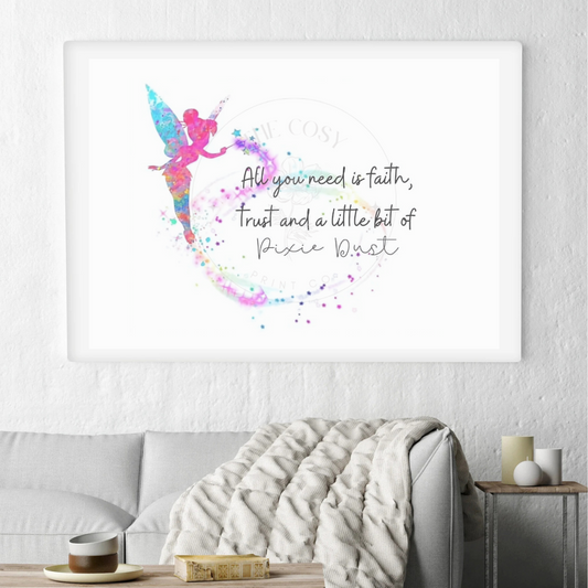 Colourful silhouette of Tinker Bell with “Faith, Trust & Pixie Dust” quote
