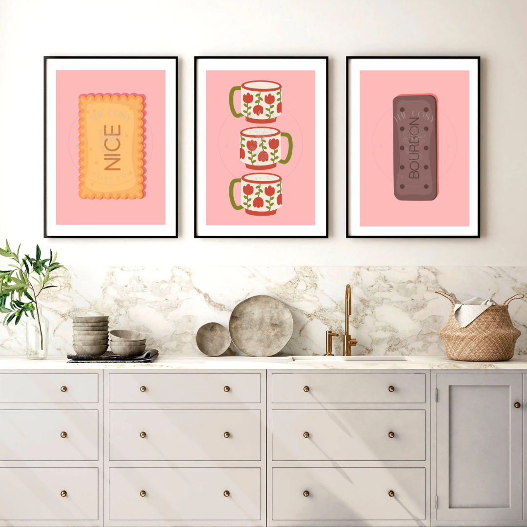 Colourful tea and biscuit print set with hand-drawn Bourbon, Nice biscuit, and tea cup.