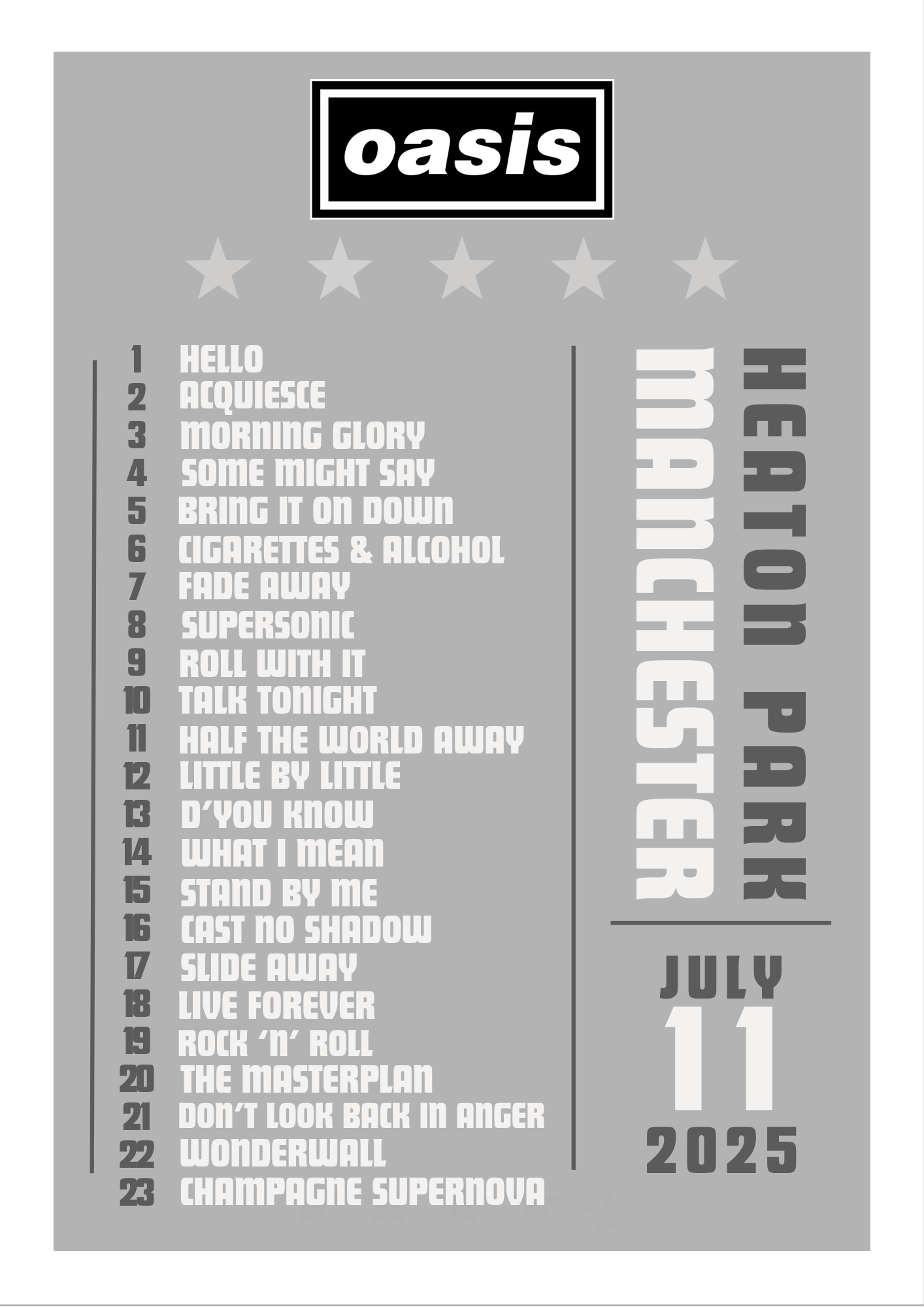 Oasis 2025 Tour Setlist Print