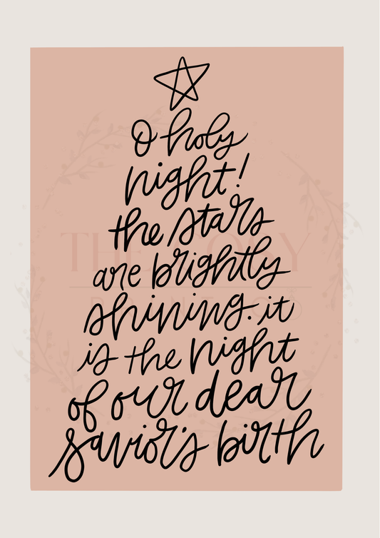 Cream Christmas print featuring handwritten “O Holy Night” text arranged in the shape of a Christmas tree.