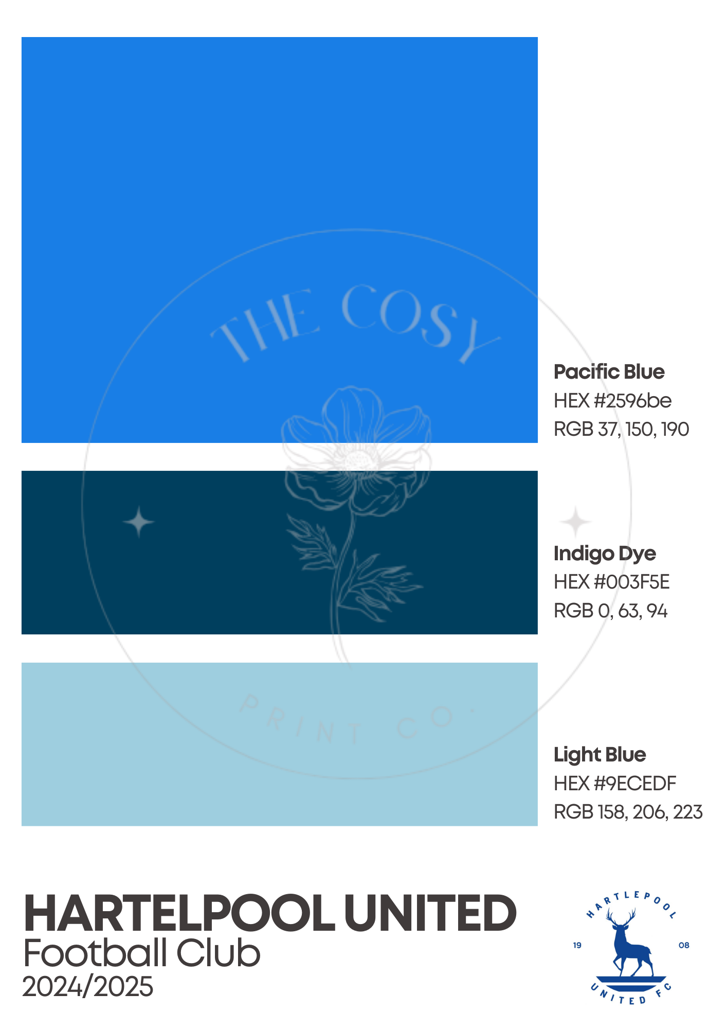 Custom Hartlepool United sports print in Pantone-style colours, featuring team badge and optional season – fully customisable for any team or sport.