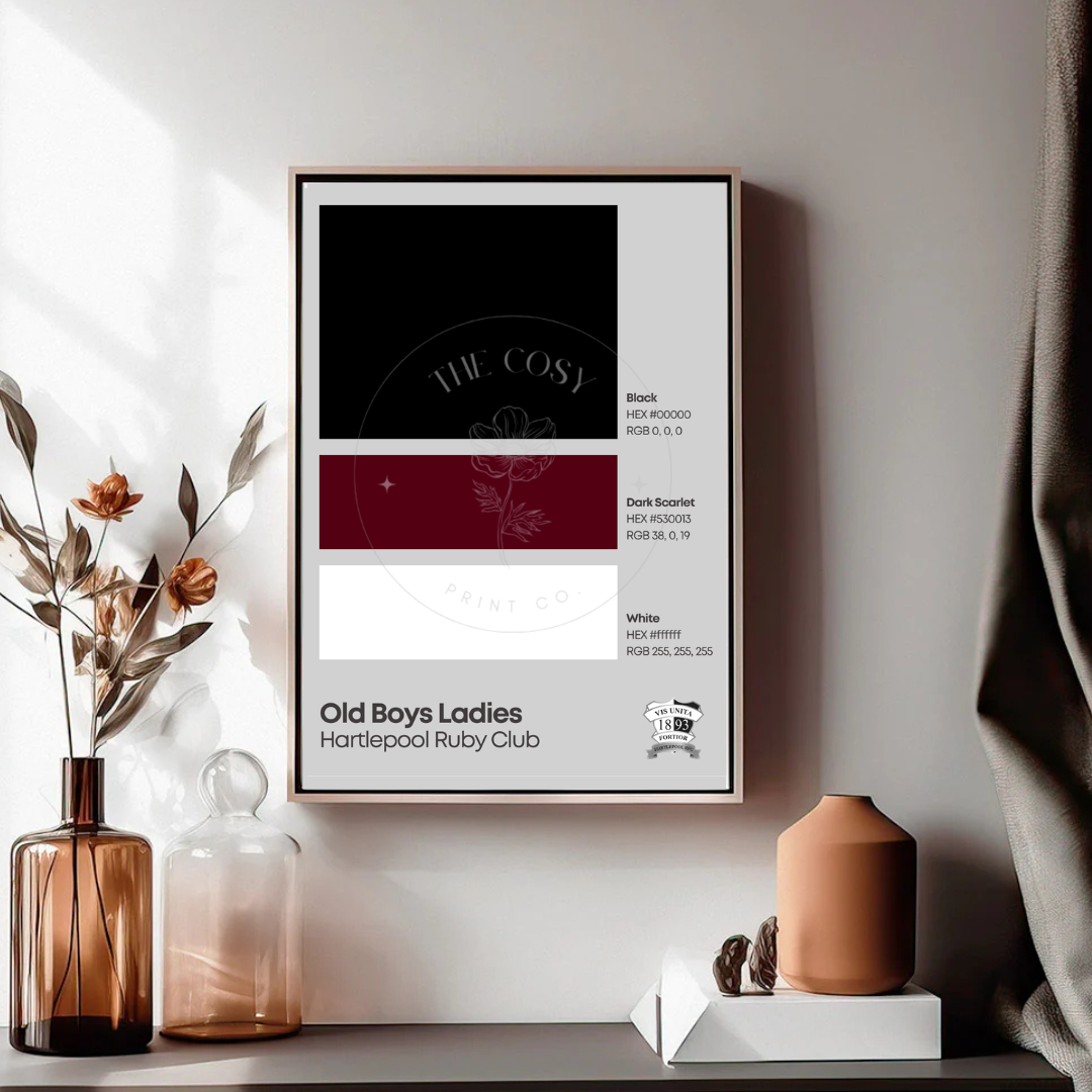 Customisable sports team print featuring Pantone-style colours, team badge, and season details – perfect for any sport or club.