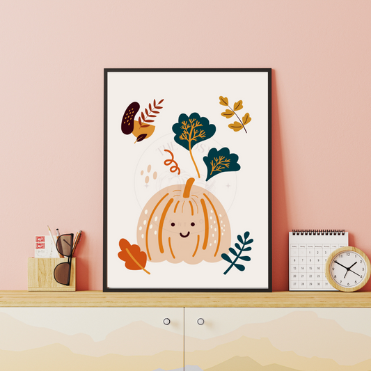 Cute pumpkin and leaves fun autumn wall art print – playful seasonal home décor artwork