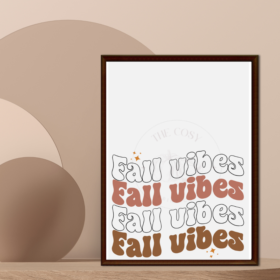 Funky autumn wall art print with the words Fall Vibes in cream, brown, and white tones – seasonal home décor artwork