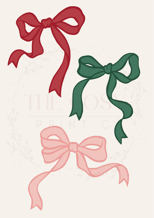 Hand-drawn Christmas bows in pink, green, and red.