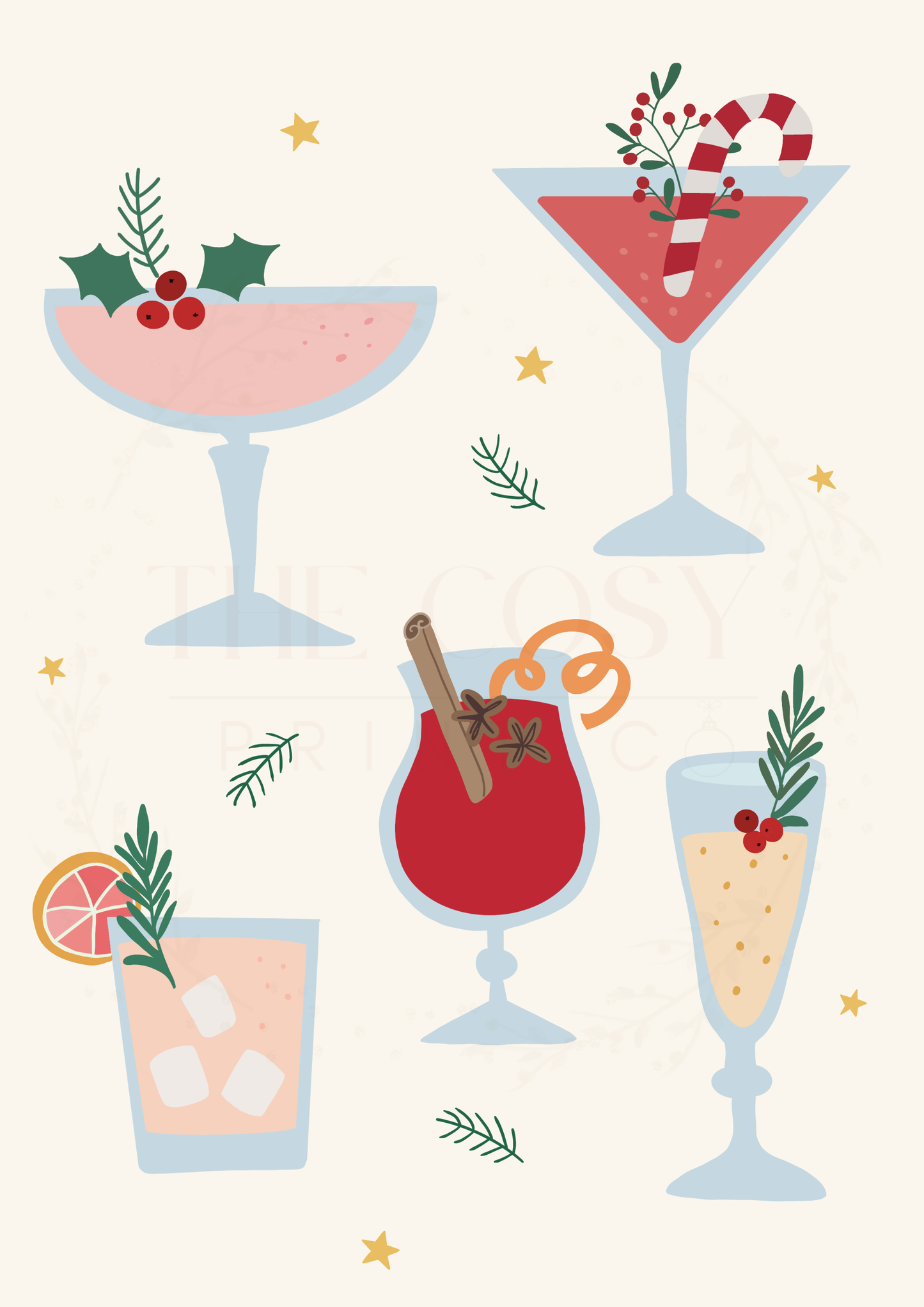 Hand-drawn Christmas cocktail print featuring colourful festive drinks on a bright background.