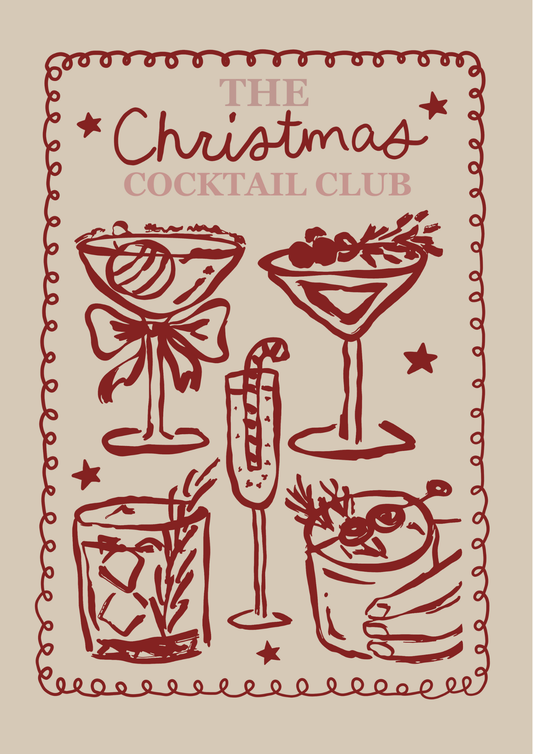 Hand-drawn Christmas cocktails in cream and red with text reading “Christmas Cocktail Club.”