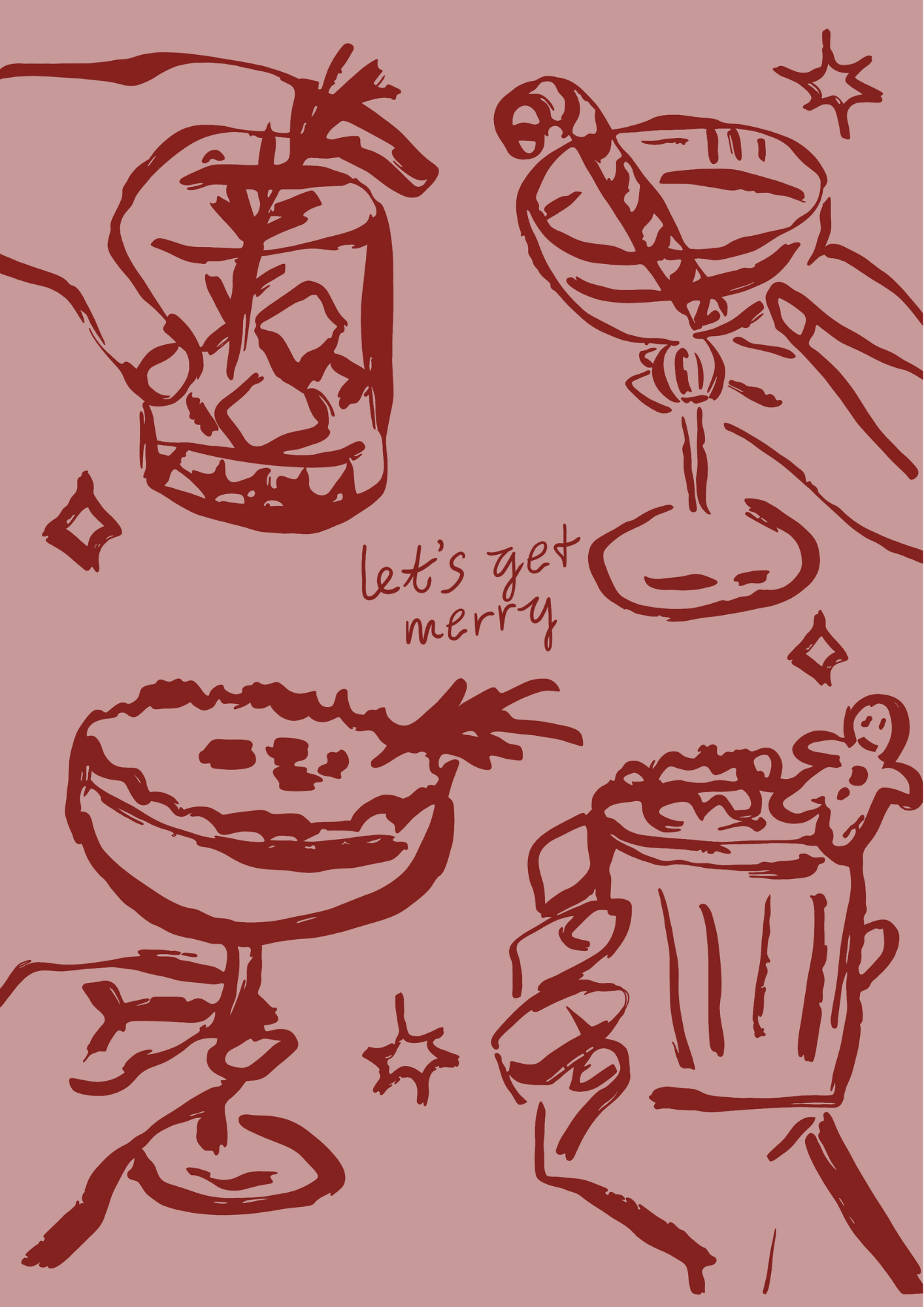 Hand-drawn Christmas print with cocktail glasses and text reading “Let’s Get Merry.”