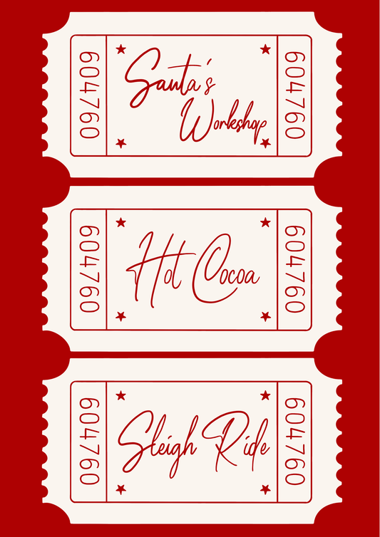 Hand-drawn Christmas print with three festive tickets: Santa’s Workshop, Hot Cocoa, and Sleigh Ride on premium ColourLok stock.